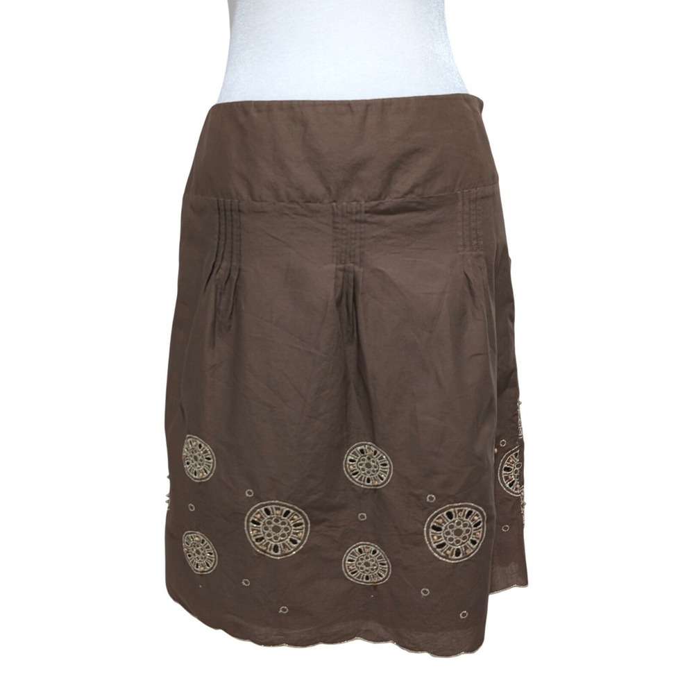 Ann Taylor Loft Petites Brown Embroidered Beaded Cotton Lined Mini Skirt 4P Boho